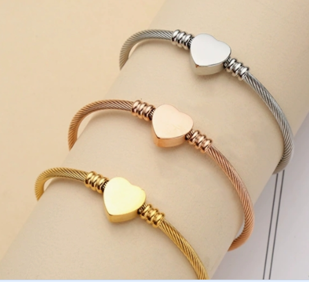 Gold Stainless Steel Bangle, Engravable With Heart Pendant, Personalized Bracelet - Image 9