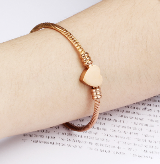 Gold Stainless Steel Bangle, Engravable With Heart Pendant, Personalized Bracelet - Image 6