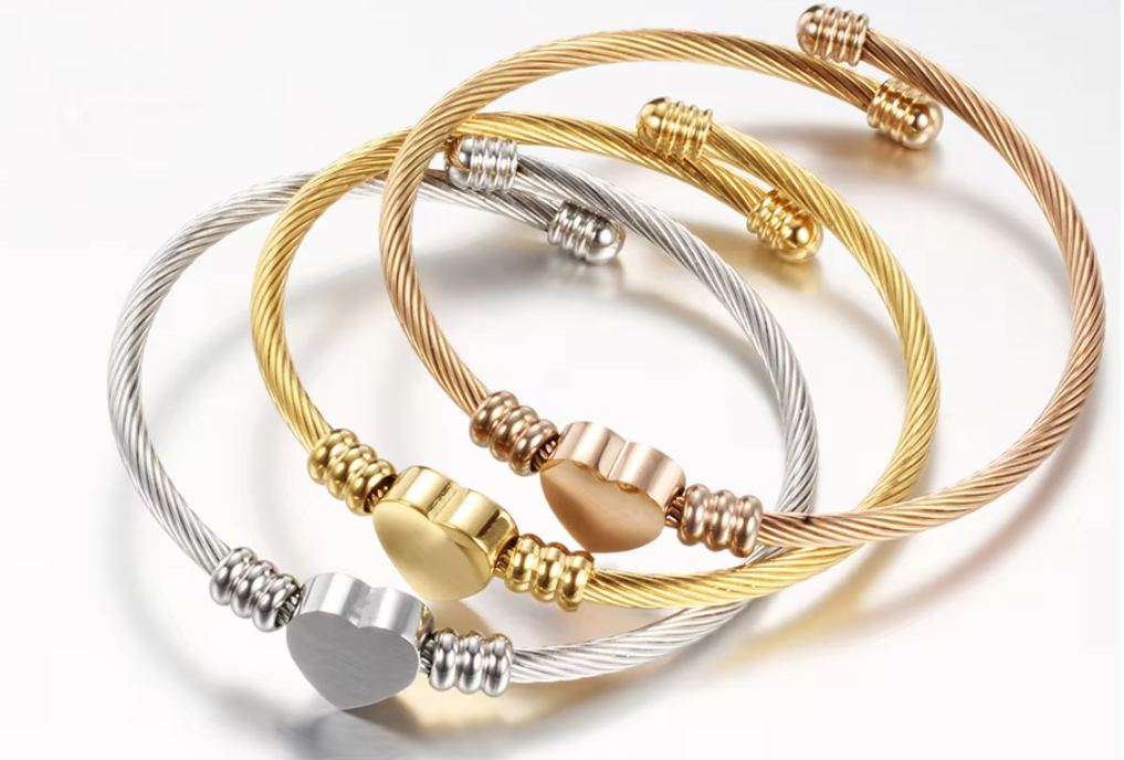 Gold Stainless Steel Bangle, Engravable With Heart Pendant, Personalized Bracelet - Image 10