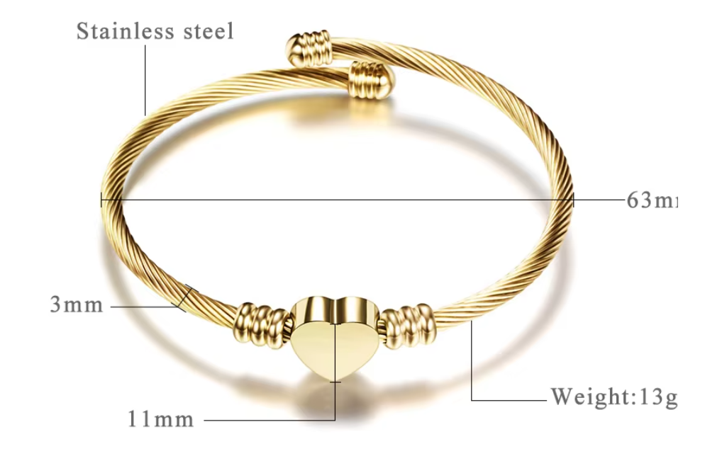 Gold Stainless Steel Bangle, Engravable With Heart Pendant, Personalized Bracelet - Image 8