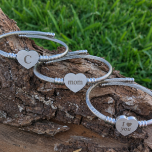 Gold Stainless Steel Bangle,  Engravable With Heart Pendant, Personalized Bracelet