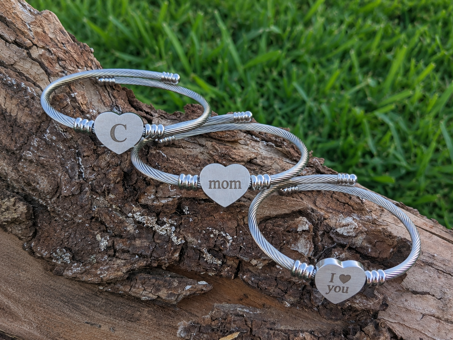 Gold Stainless Steel Bangle, Engravable With Heart Pendant, Personalized Bracelet